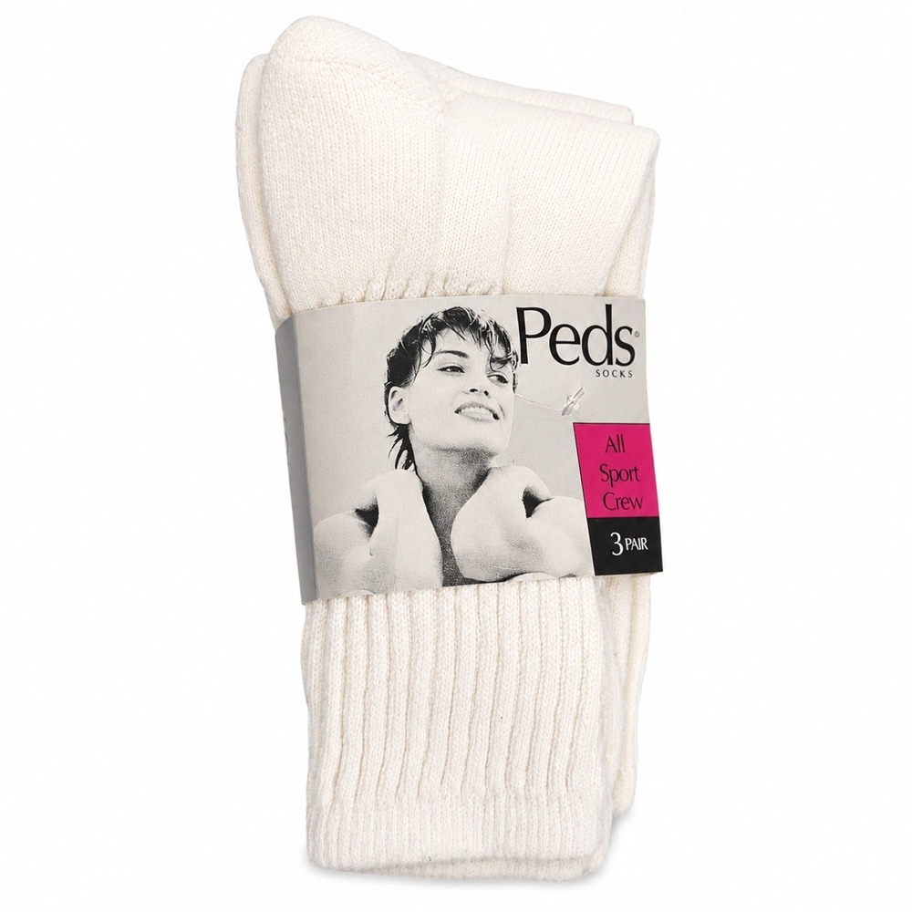 Vintage Peds 5-10 Socks All Sport Crew 3 Pair White Ribbed Cotton Blend USA 8142